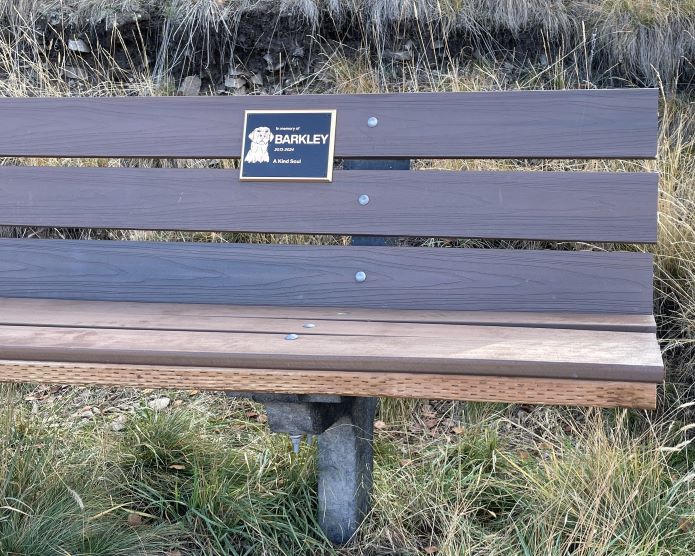 A fairly recent-construction park bench with a commemorating plaque which has a picture of a dog, and the words, 'in memory of Barkley, 2013-2024, a kind soul'. Behind it is a bit of a hillside with rocks and mostly brown grass.